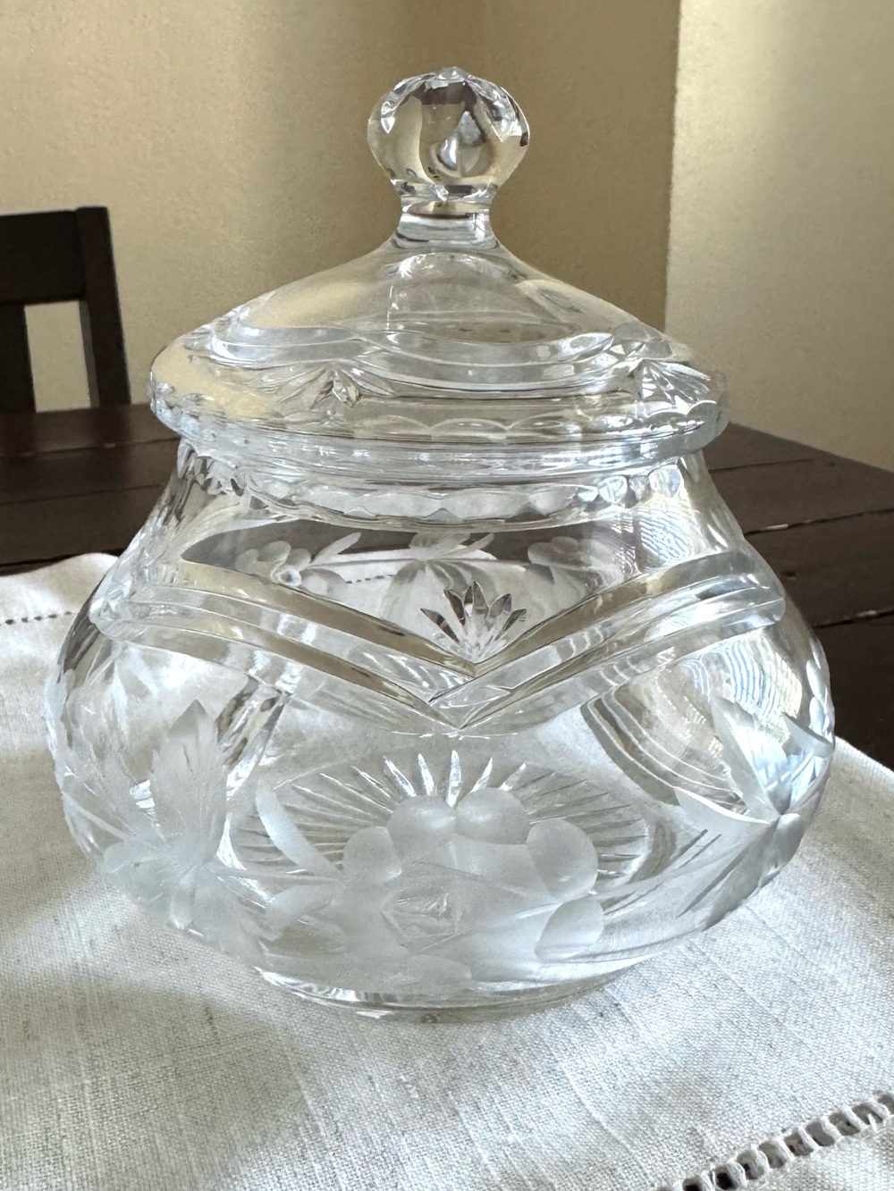 Lead Crystal (or Glass) Jar with Matching Lid. Geometric and Floral Design.